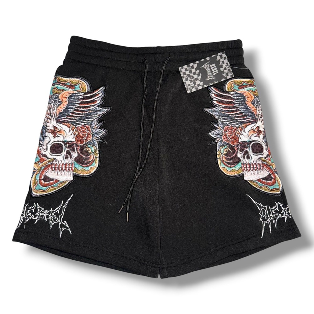 Rebel Vengeance Sweat Shorts Mens Medium Black Embroidered Skull Eagle Gothic